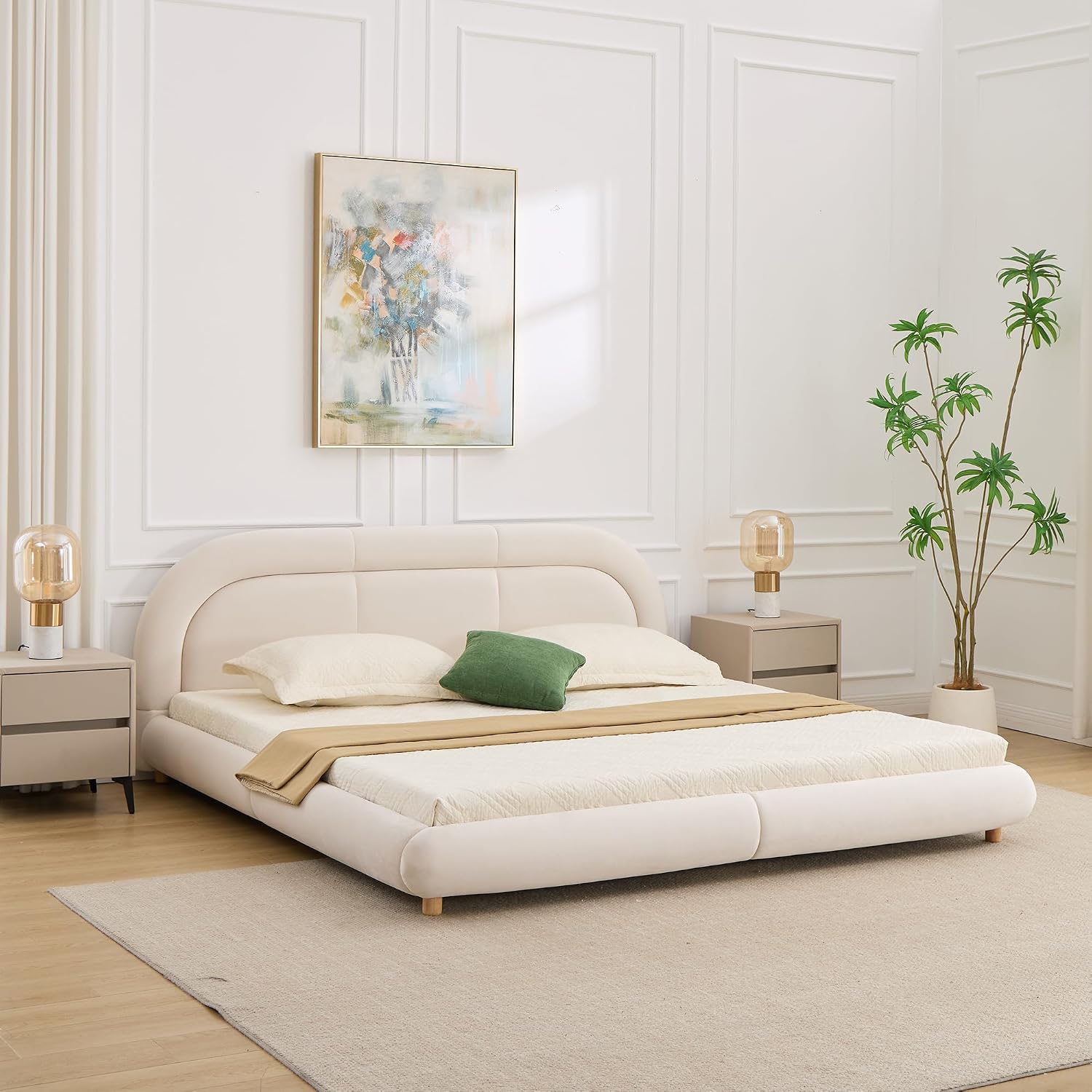 Curve-Shaped Upholstered Platform Bed with Curved Shaped Rounded Headboard, King Size Wood Bed Frame for Kids Adults Bedroom Furniture, Velvet Thick Fabric Upholstered Bed Grounded Bed (Beige-7, King)