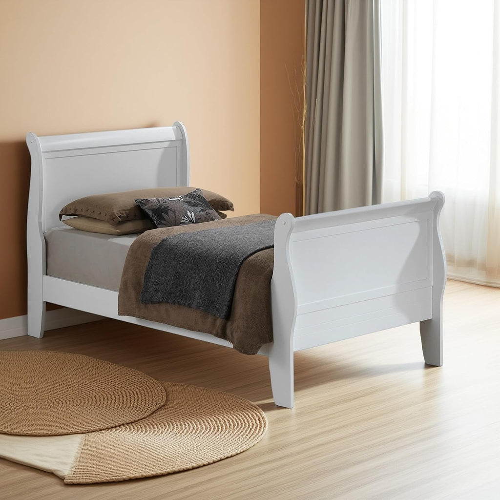 GDFStudio Twin Size Wood Platform Bed Frame, Classic Sleigh Design with Curved Trim & Wood Posts,Easy Assembly, Box Spring Required,Timeless Elegant Bedroom Furniture,White