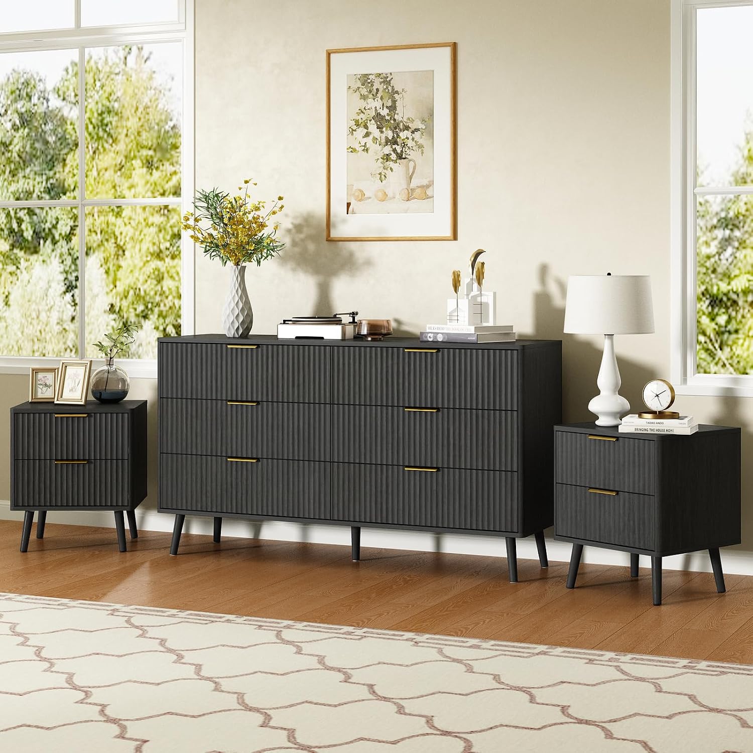 CARPETNAL Fluted Dresser and Nightstand Sets for Bedroom, 3 Pcs Bedroom Set, 6-Drawer Dresser & 2-Drawer Nightstand Set of 2, Modern Wood Chest of Drawers for Living Room, Entryway, Black
