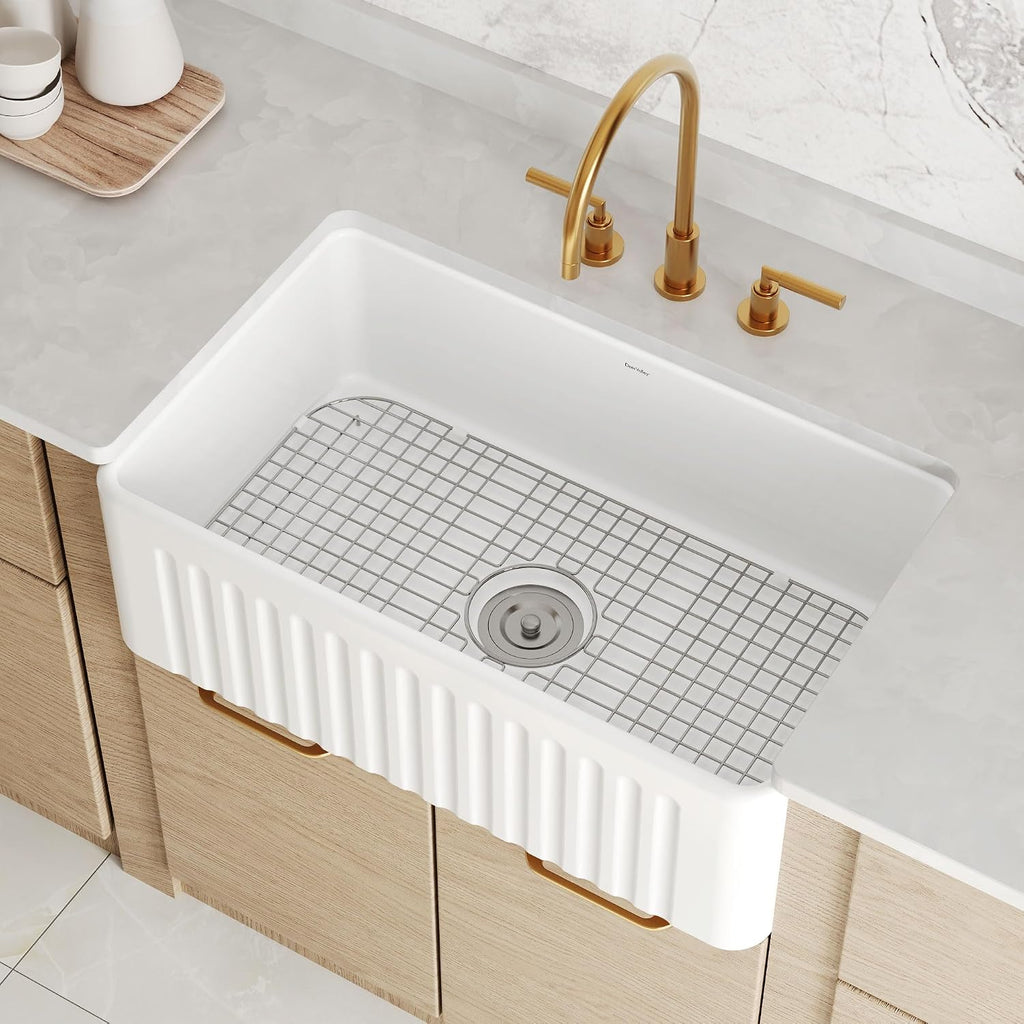 DeerValley Farmhouse Sink 30'x18' 10 inch Deep White Kitchen Sinks Fireclay Single Bowl Apron Front Lavabos de Cocina with Accessories