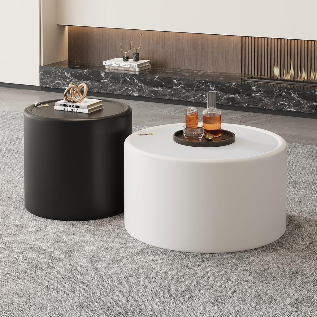 Round Living Room Table Set with Hidden Storage, 27.56' White Drum Center Table and 19.69' Black Coffee Table Set, 2 Pieces Coffee Table Set with Tempered Glass Top and PU Leather Body