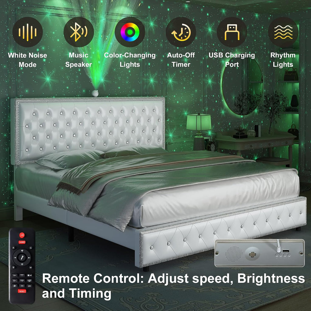 King Upholstered Platform Bed Frame with LED Headboard, Built-in Star Projector & Adjustable Headboard, No Box Spring Needed, Easy Assembly, Solid Wood Slats,Modern Bedroom Furniture, PU White
