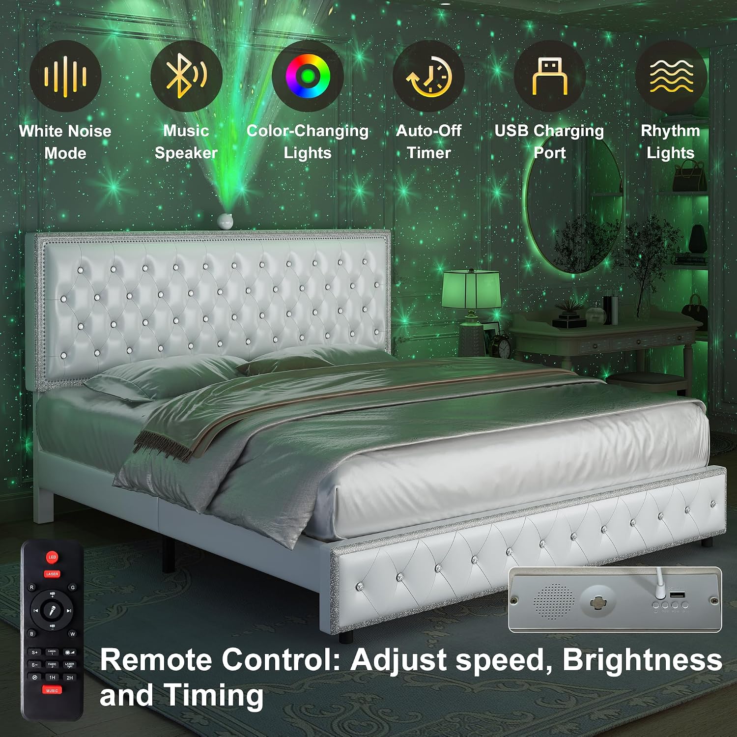 King Upholstered Platform Bed Frame with LED Headboard, Built-in Star Projector & Adjustable Headboard, No Box Spring Needed, Easy Assembly, Solid Wood Slats,Modern Bedroom Furniture, PU White