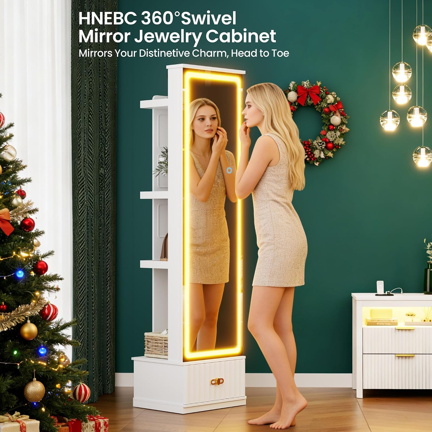 HNEBC LED Jewelry Cabinet Standing, Full Length Mirror with Storage/3 Color Adjustable LIghts, Jewelry Armoire has 3 Photo Frames/4 Shelfs/1 Drawer,Space-Saving Organizer,Gifts for Women