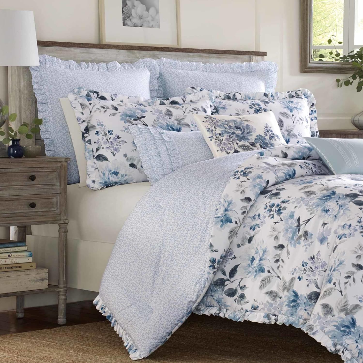 Laura Ashley Home - King Comforter Set, Reversible Cotton Bedding with Matching Shams, Stylish Home Decor for All Seasons (Chloe Blue, King)