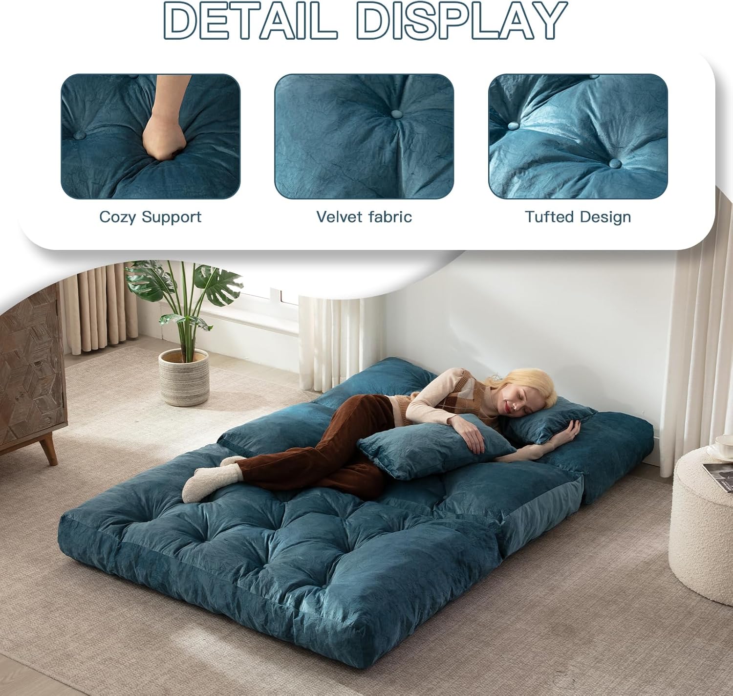 Folding Sofa Bed, Convertible Sleeper Chair with Pillow Foldable Mattress with Back Support, Portable Fold Out Chair Bed Comfy Floor Sofa Lounge for Living Room Bedroom, Blue Full 80x54 Inch
