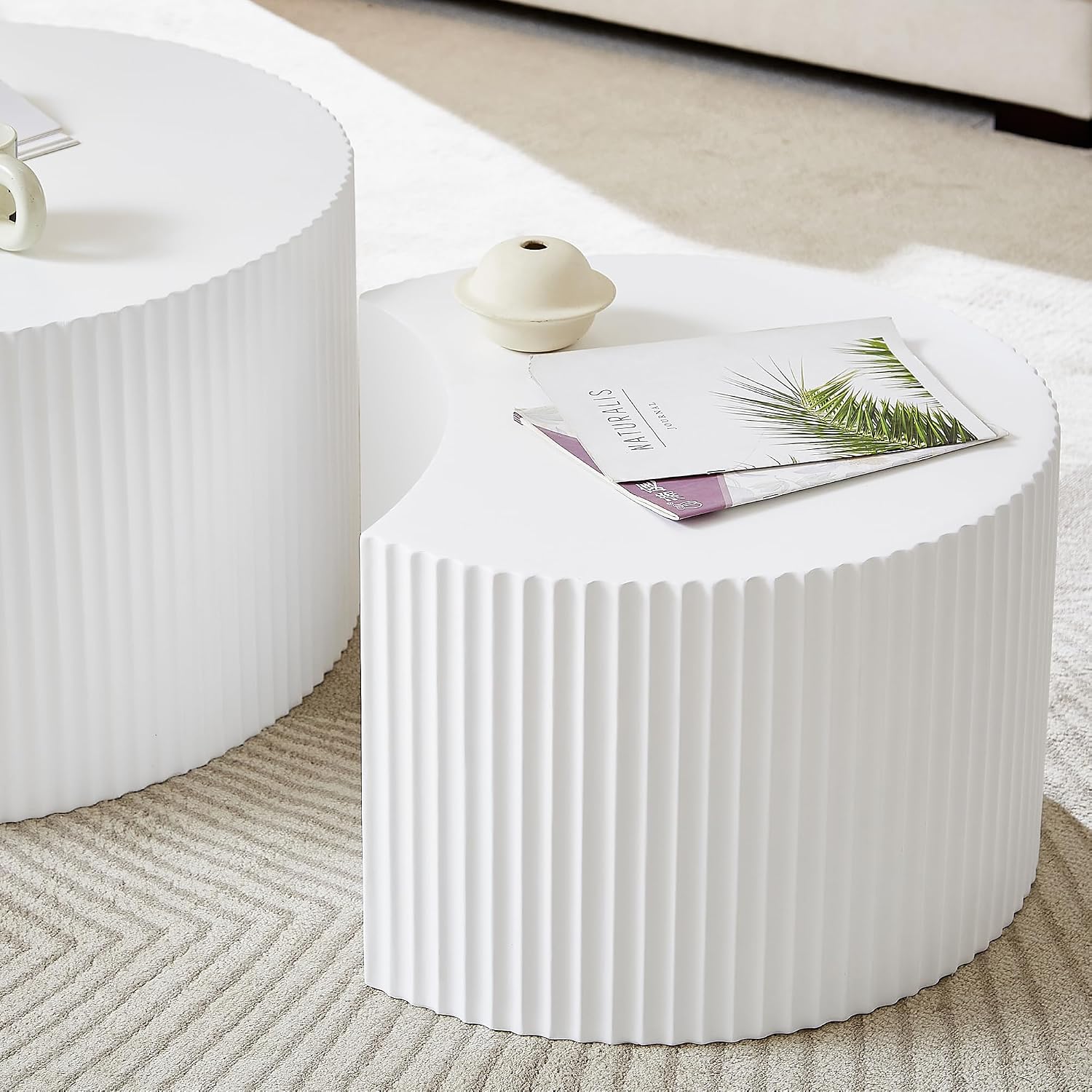 Round Nesting Coffee Table, Modern Wood Coffee Table Unique Shaped Set of 2 for Small Space, Living Room - White