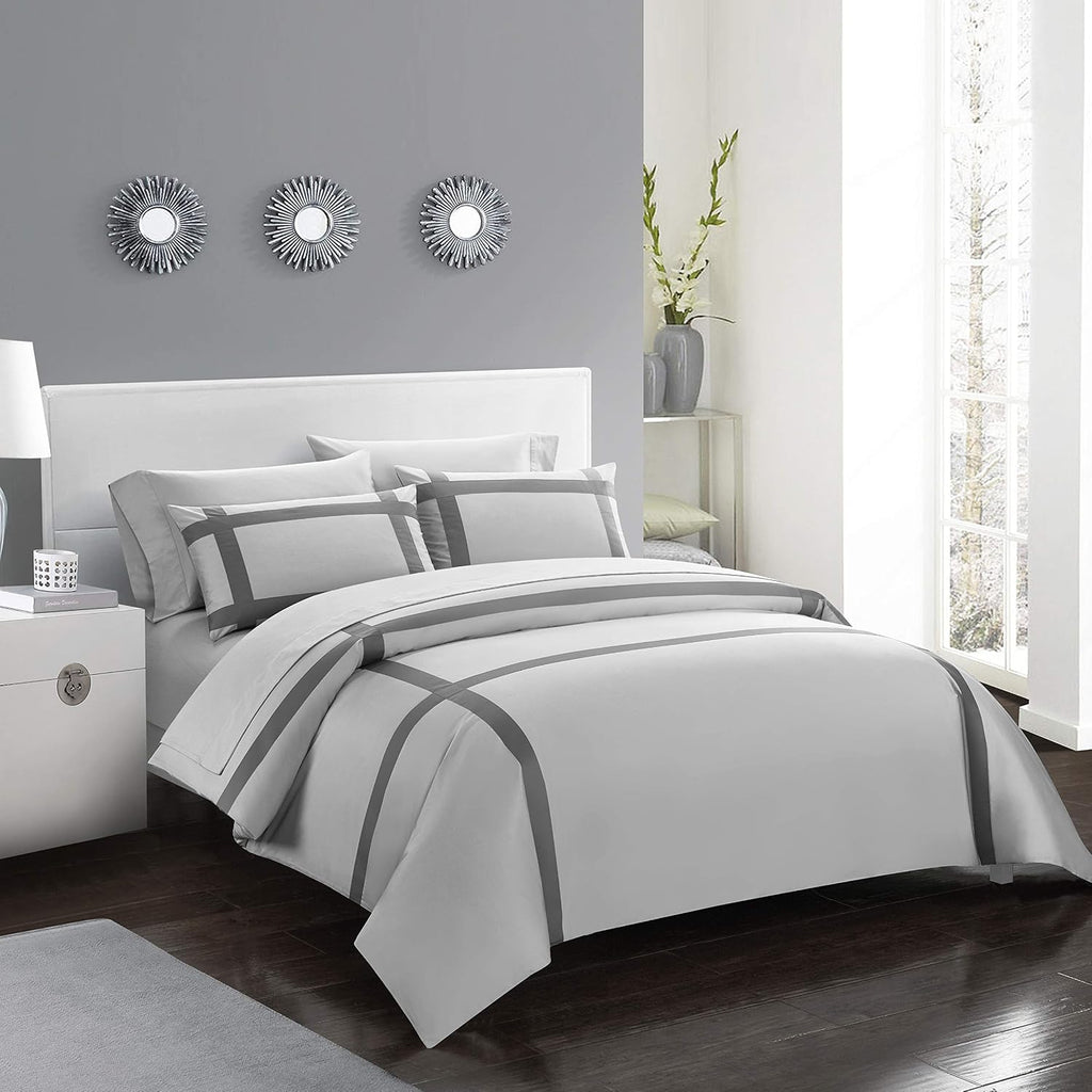 Casabolaj Equilibrio Duvet Covers Set King Size 3 Pieces Do Not Include Filling Casual Modern Minimalist Siver and Grey Color 100% Egyptian Cotton Sateen Luxury 400 TC Cross Patchwork Manufacturing