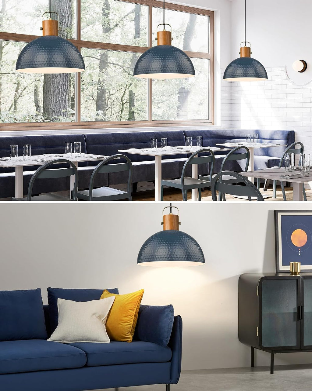 ELYONA 2 Pack Large Ash Wood Pendant Light Fixtures 16 Inch Hammered Metal Dome Hanging Lamp with Brass Handle Chandeliers for Farmhouse Kitchen Island Dining Room Sink Bedroom Hallway, Modern Blue