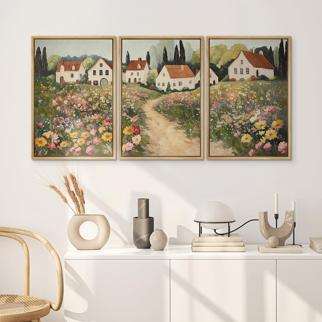 SIGNWIN Framed Canvas Print Wall Art Set Cottage Garden Path Vintage Floral Village Landscape Illustrations Modern Art Contemporary Minimal Ultra for Living Room, Bedroom, Office - 24'x36'x3 Natural
