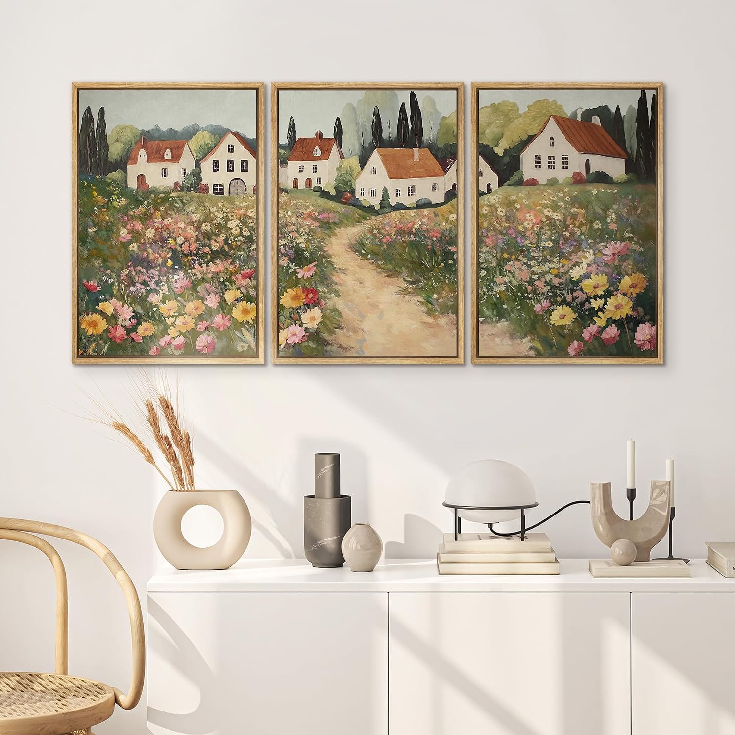 SIGNWIN Framed Canvas Print Wall Art Set Cottage Garden Path Vintage Floral Village Landscape Illustrations Modern Art Contemporary Minimal Ultra for Living Room, Bedroom, Office - 24'x36'x3 Natural