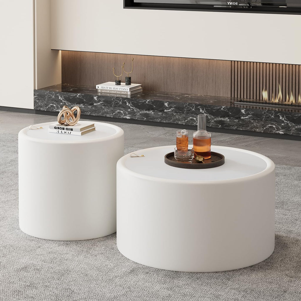 27.56' White Round Coffee Table with Hidden Storage, Drum Coffee Table with Tempered Glass Top and PU Leather Body, Circle Cocktail Tea Table for Living Room, No Assemble