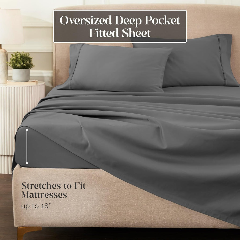 Superior 1200 Thread Count Egyptian Cotton Sheet Set, Bedroom Sheets, Modern Home Essentials, Luxury Bedding, 1 Elastic Deep Pocket Fitted Bed Sheet, 1 Flat Sheet, 2 Pillowcases, Queen, Charcoal