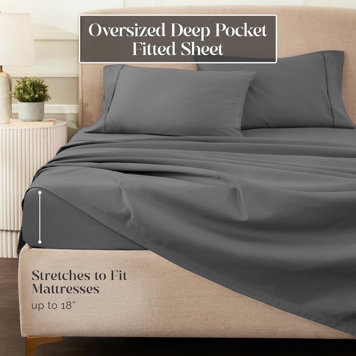 Superior 1200 Thread Count Egyptian Cotton Sheet Set, Bedroom Sheets, Modern Home Essentials, Luxury Bedding, 1 Elastic Deep Pocket Fitted Bed Sheet, 1 Flat Sheet, 2 Pillowcases, Queen, Charcoal
