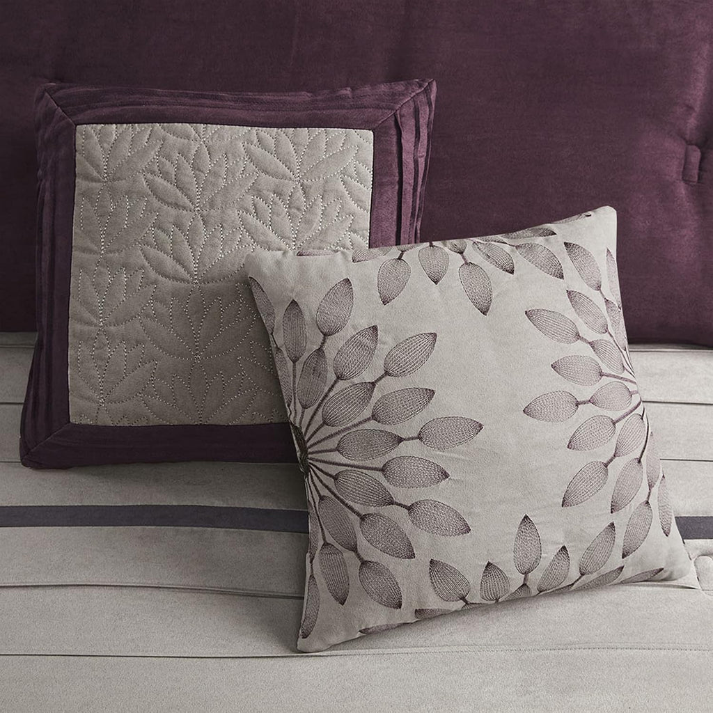 Madison Park - Palmer 7 Piece Comforter Set - Plum - California King - Pieced Microsuede - Includes 1 Comforter, 3 Decorative Pillows, 1 Bed Skirt, 2 Shams,Purple