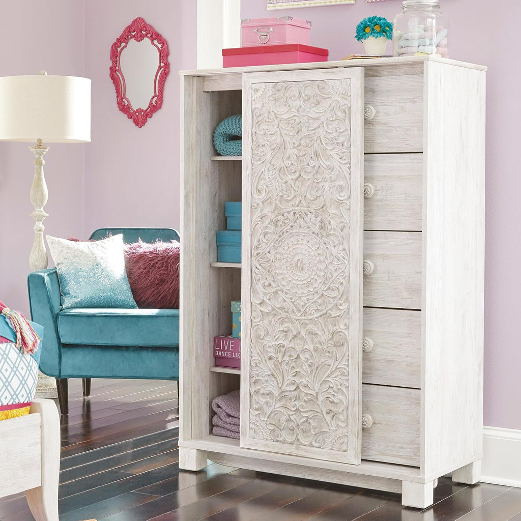 Signature Design by Ashley Paxberry Boho 5 Drawer Dressing Chest with Slider Door & 3 Adjustable Shelves, Whitewash