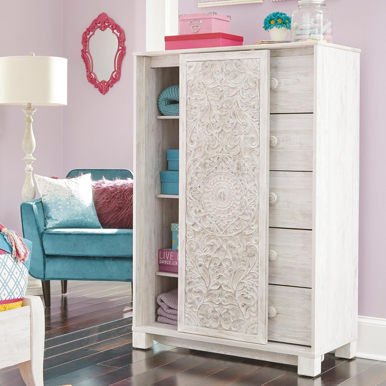 Signature Design by Ashley Paxberry Boho 5 Drawer Dressing Chest with Slider Door & 3 Adjustable Shelves, Whitewash