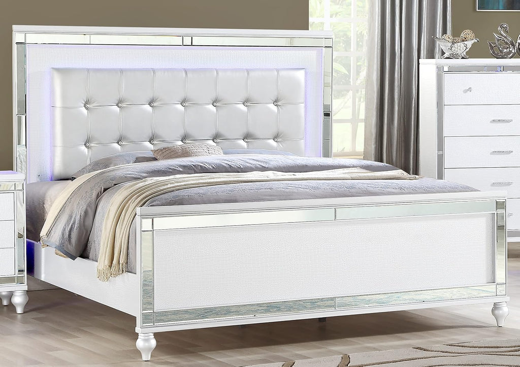Full 5 PC LED Bedroom Set Made with Wood in White Color