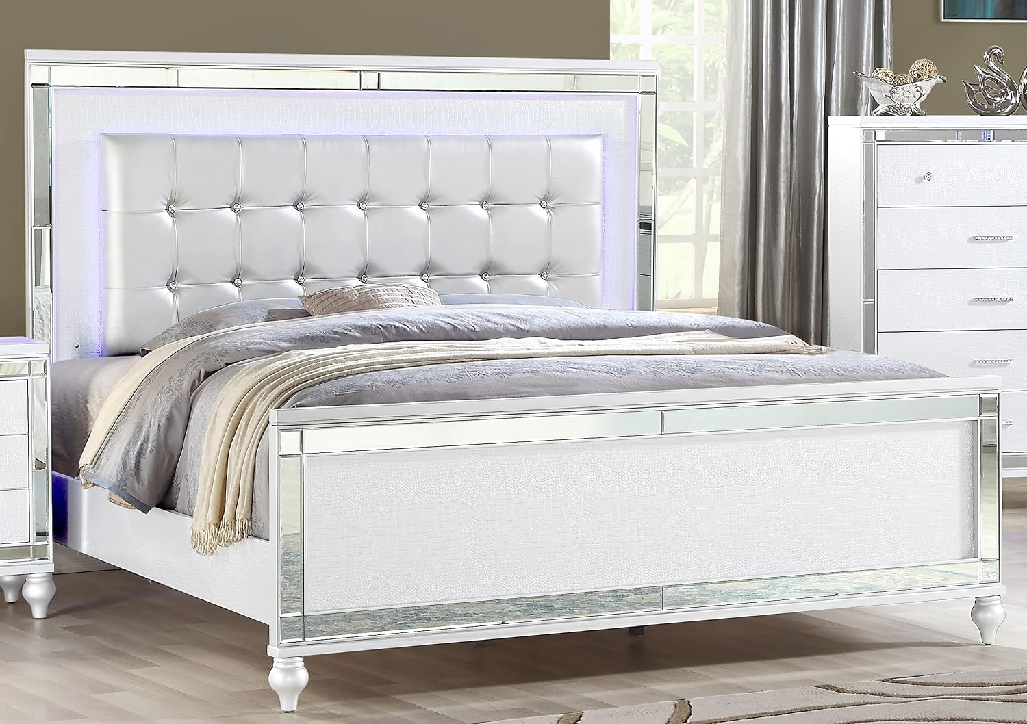 Full 5 PC LED Bedroom Set Made with Wood in White Color