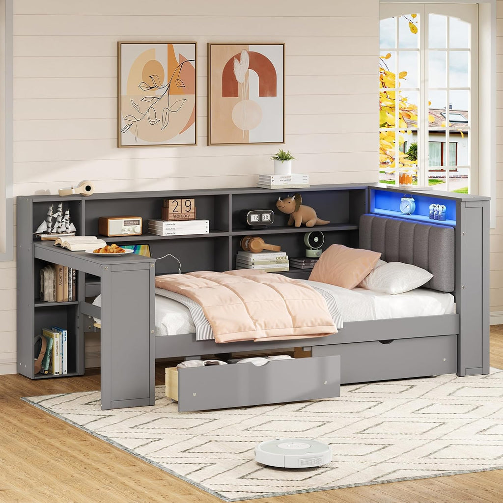 Ball & Cast Wood Twin Size Platform Bed with Storage Shelves and Drawers,Cabinet Bed Frame w/Charging Station & Built-in Desk,Upholstered Headboard,Space-Saving,Furniture for Apartment,Grey+Grey