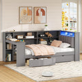 Ball & Cast Wood Twin Size Platform Bed with Storage Shelves and Drawers,Cabinet Bed Frame w/Charging Station & Built-in Desk,Upholstered Headboard,Space-Saving,Furniture for Apartment,Grey+Grey