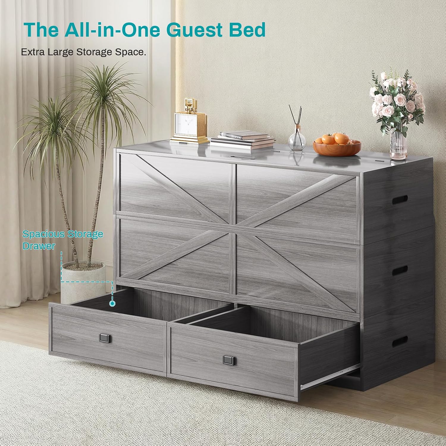 BALUS Murphy Cabinet Bed with Memory Foam Mattress Included, Full Size Cube Cabinet Bed with 2 Storage Drawers, 3-in-1 Convertible Sofa Furniture Sets for Guest Room Apartment Living Room, Grey