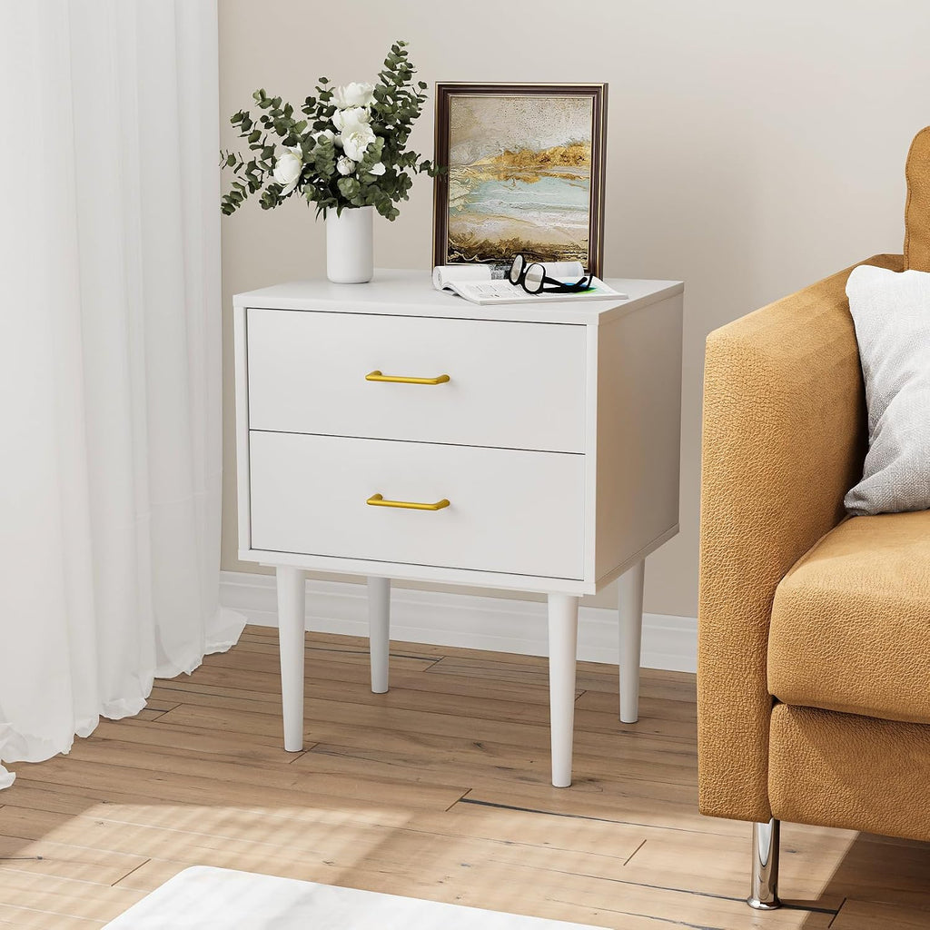 Modern White Bedside Cabinet with Metal Handles | 2-Drawer Nightstand Set of 2, Solid Wood Legs & Metal Slides for Bedroom Living Room