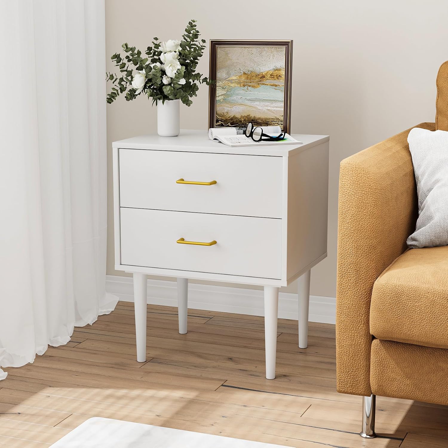 Modern White Bedside Cabinet with Metal Handles | 2-Drawer Nightstand Set of 2, Solid Wood Legs & Metal Slides for Bedroom Living Room