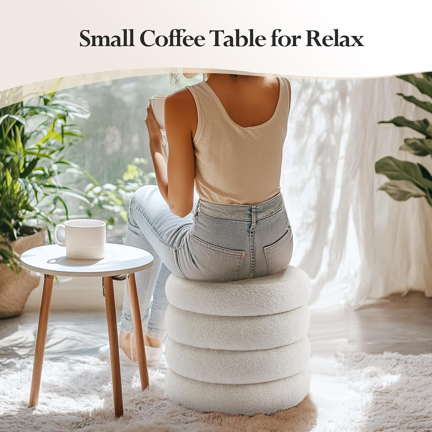 19.5 Inch Round Storage Ottoman, Modern Sherpa Ottoman Coffee Table with Removable Top, White Vanity Stool with Storage for Bedroom, Living Room, Dorm, Set of 1