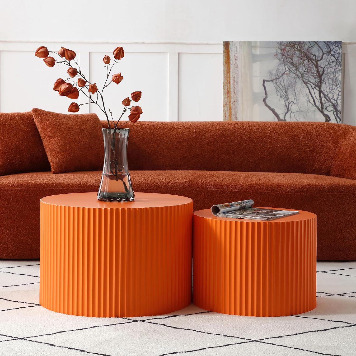Modern Nesting Coffee Table, Round Wood End Table Set of 2 for Small Space, Living Room - Orange