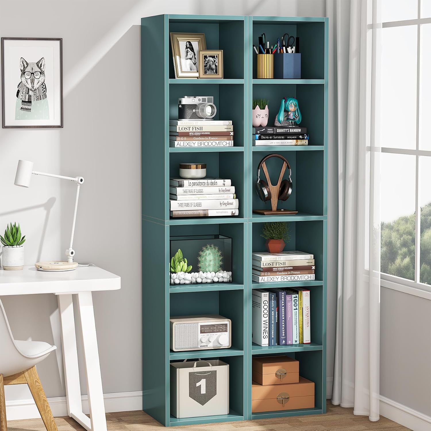 Tribesigns 70.9 Inch Tall Narrow Bookcase Set of 2, Rustic Corner Bookcase with Storage, 6 Tier Cube Display Shelves for Home Office