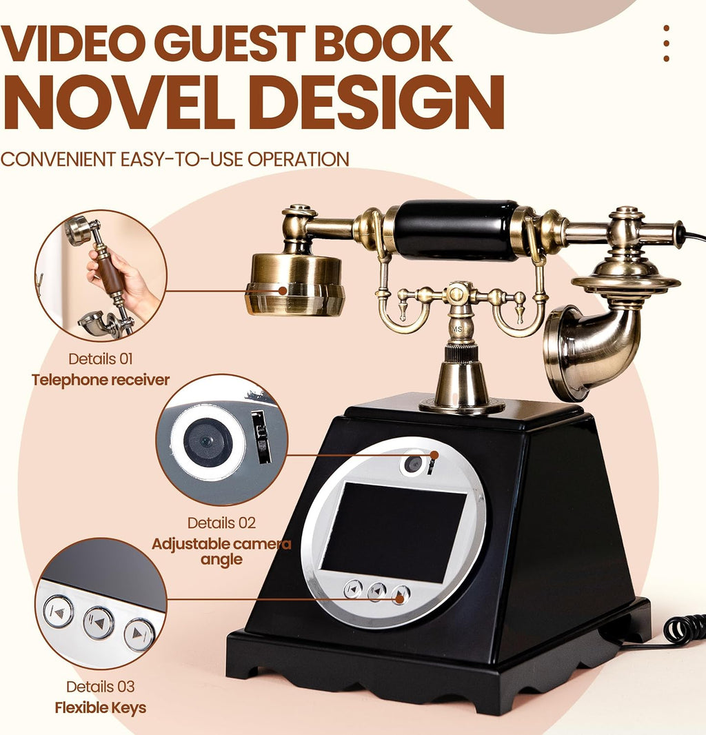 FiayaCom Video Audio Guest Book Wedding Phone,1080P HD Video Phone Guestbook, Preserve Your Special Occasions, Ideal for Wedding Bridal Shower, Birthday, Graduations, Baby Shower(Retro Black)