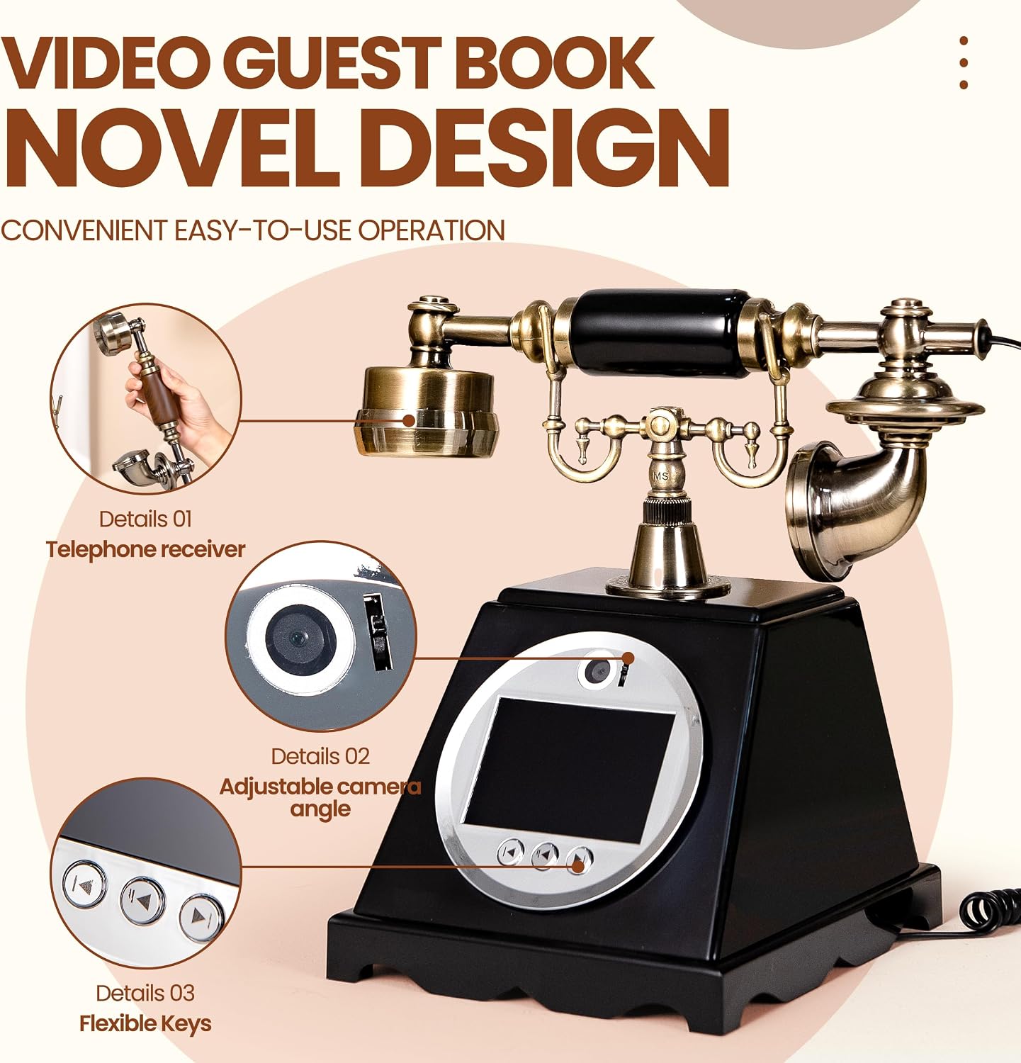 FiayaCom Video Audio Guest Book Wedding Phone,1080P HD Video Phone Guestbook, Preserve Your Special Occasions, Ideal for Wedding Bridal Shower, Birthday, Graduations, Baby Shower(Retro Black)