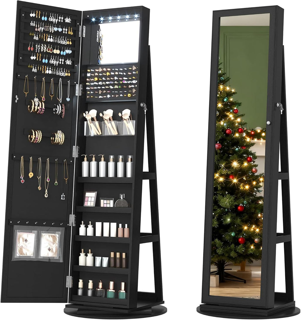 LVSOMT LED Mirror Jewelry Cabinet Standing, 360° Swivel Jewelry Organizers and Storage, Farmhouse Mirror with Jewelry Storage, Lighted Jewelry Armoire with Full Length Mirror (Coal Black)