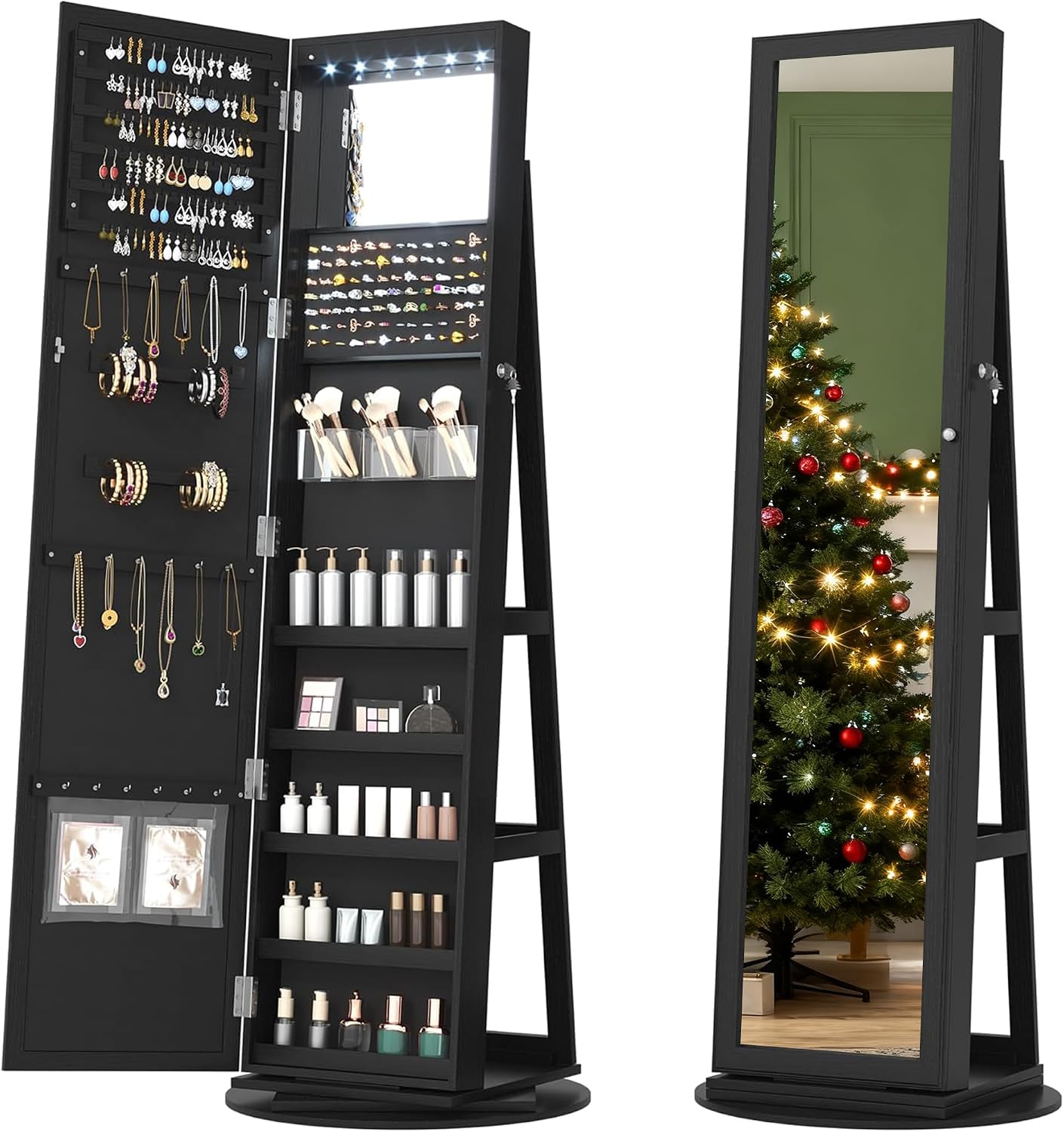 LVSOMT LED Mirror Jewelry Cabinet Standing, 360° Swivel Jewelry Organizers and Storage, Farmhouse Mirror with Jewelry Storage, Lighted Jewelry Armoire with Full Length Mirror (Coal Black)