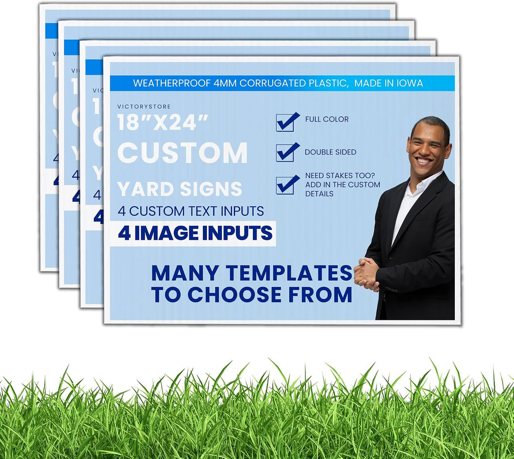 VictoryStore 18x24 Inch Custom Yard Signs, Full Color Two Sided Custom Logo and Text Yard Signs, Weatherproof 4mm Corrugated Plastic (10-Pack)