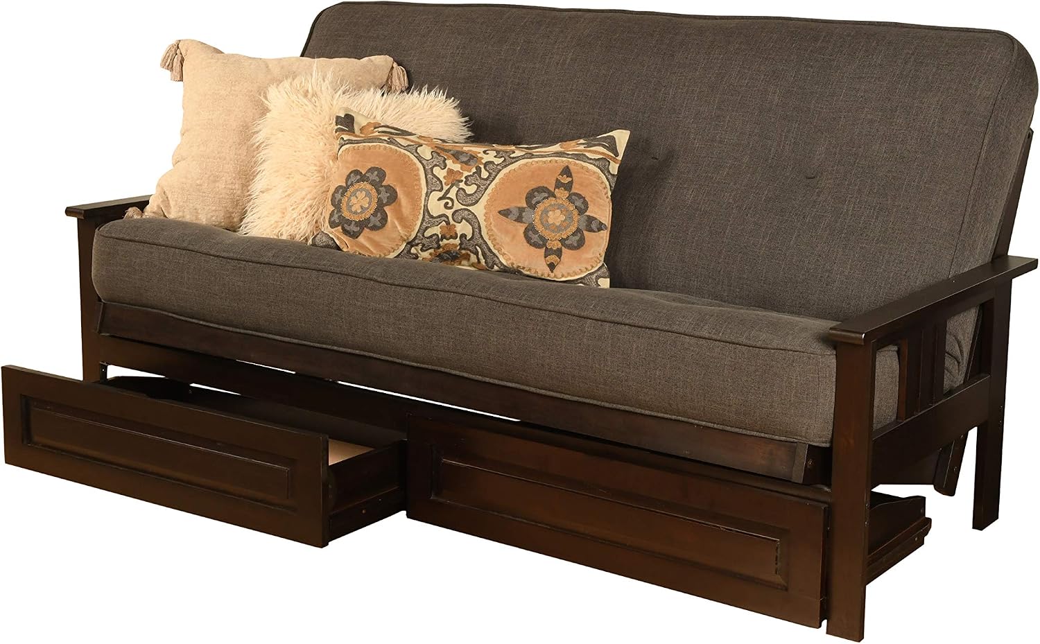 Kodiak Furniture Monterey Futon Set with Storage Drawers, with Espresso Base and Linen Charcoal Mattress