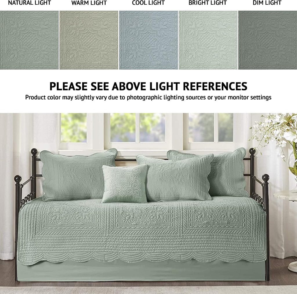 Madison Park Daybed Cover Set Damask Quilted Cover for Daybeds, All Season, Pre-Washed Cotton-Filled Coastal Bedding Scallop Edge, Shams, Bedskirt, Décor Pillows, Tuscany, Seafoam, 39'x75', 6 Piece