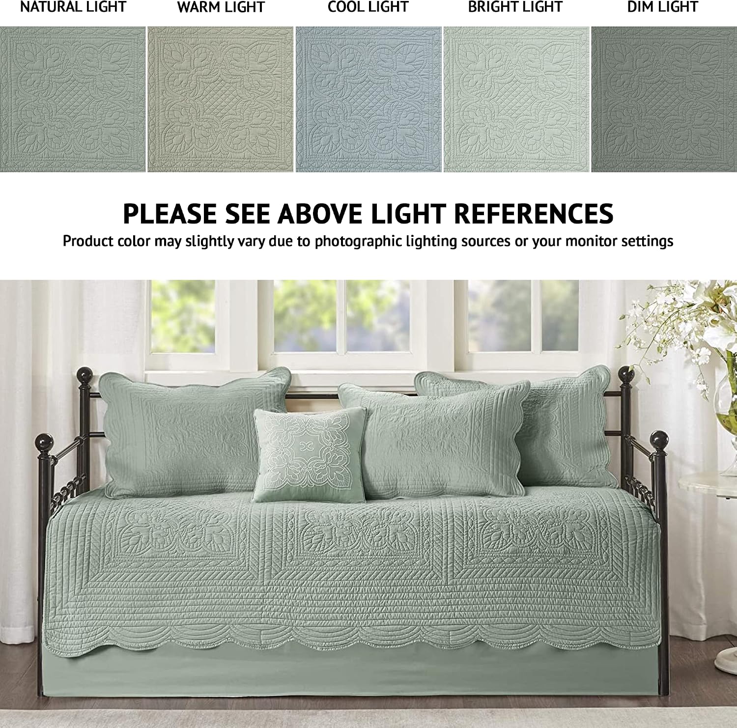 Madison Park Daybed Cover Set Damask Quilted Cover for Daybeds, All Season, Pre-Washed Cotton-Filled Coastal Bedding Scallop Edge, Shams, Bedskirt, Décor Pillows, Tuscany, Seafoam, 39'x75', 6 Piece