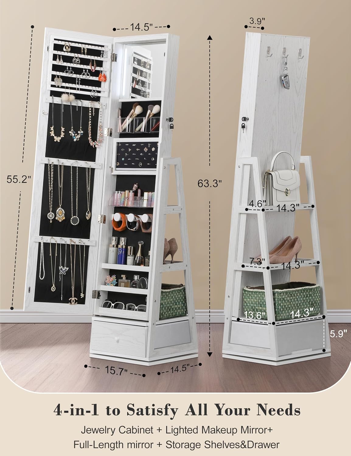 Nicetree 360° Swivel Jewelry Cabinet with Lights, Touch Screen Vanity Mirror, Rotatable Full Length Mirror with Jewelry Storage, Standing Jewelry Armoire Organizer, Foldable Makeup Shelf, Pure White