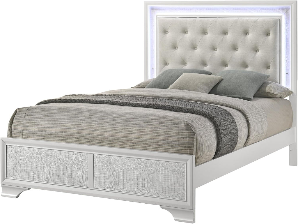 5pc Modern Crisp White Textured Finish Tufted Headboard Integrated LED Lighting Full Size Bed Set Bedroom Furniture