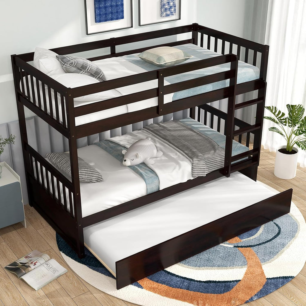 MAT EXPERT Twin Over Twin Bunk Bed with Trundle, Solid Wood Bunk Bed Frame w/Ladder, Slats & Rail, Convertible Twin Size Platform Bed for Kids, Space-Saving Bunk Beds for Bedroom Dorm (Espresso)