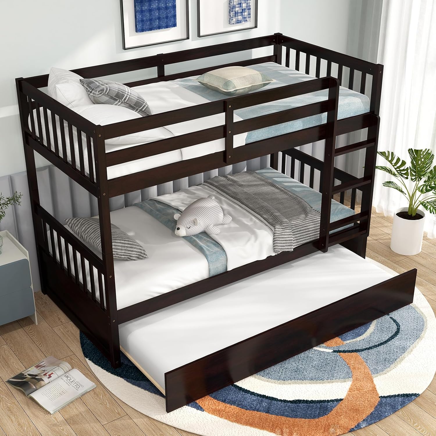 MAT EXPERT Twin Over Twin Bunk Bed with Trundle, Solid Wood Bunk Bed Frame w/Ladder, Slats & Rail, Convertible Twin Size Platform Bed for Kids, Space-Saving Bunk Beds for Bedroom Dorm (Espresso)
