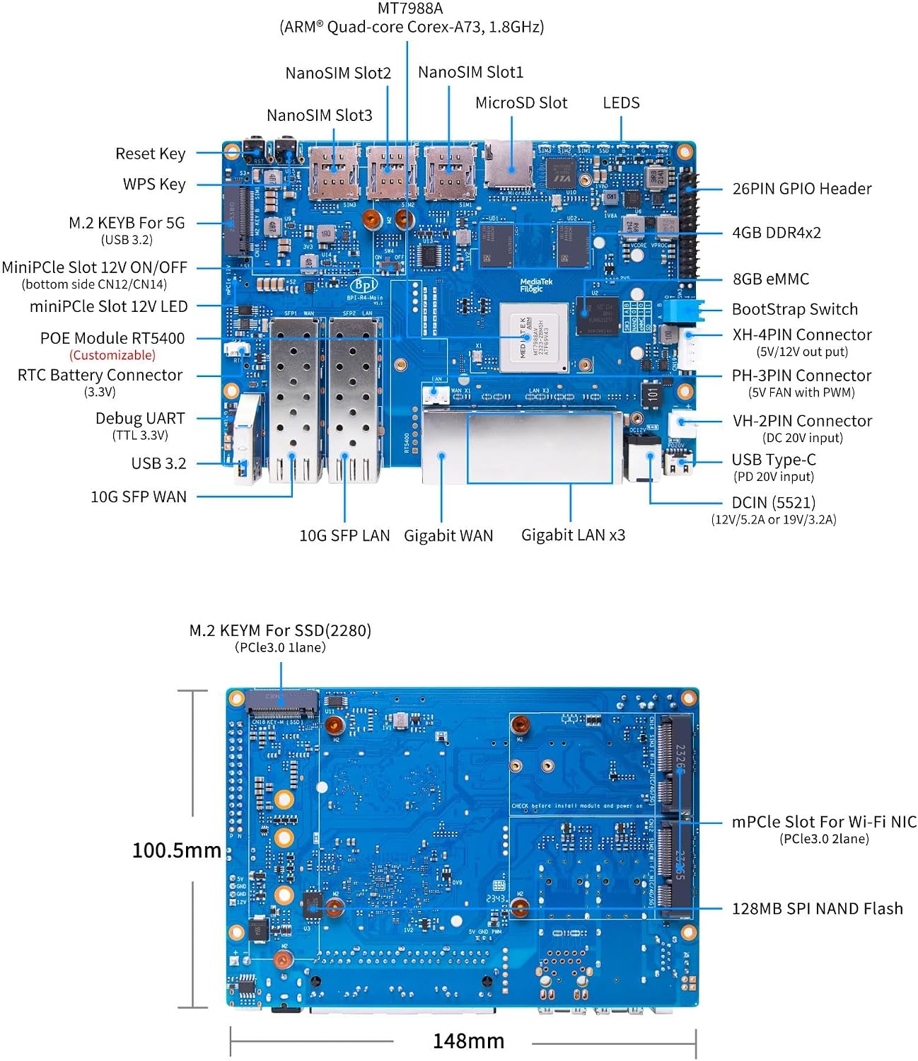 Banana Pi BPI-R4 WiFi 7 Router Development Board, with MediaTek MT7988A Chip, 4GB RAM and 8G eMMC onboard, 2X 10Gbe SFP Slot,4X Gbe Network Port (BPI R4 Basic Kit)