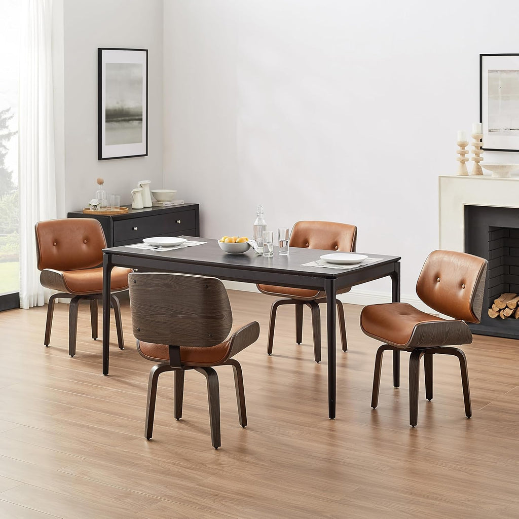 Zouron Swivel Dining Chair, Mid Century Modern Swivel Chair No Wheels, PU Leather Accent Chair with Black Oak Bentwood, Upholstered Kitchen Dining Room Chairs, Thickened Cushion, Button Brown