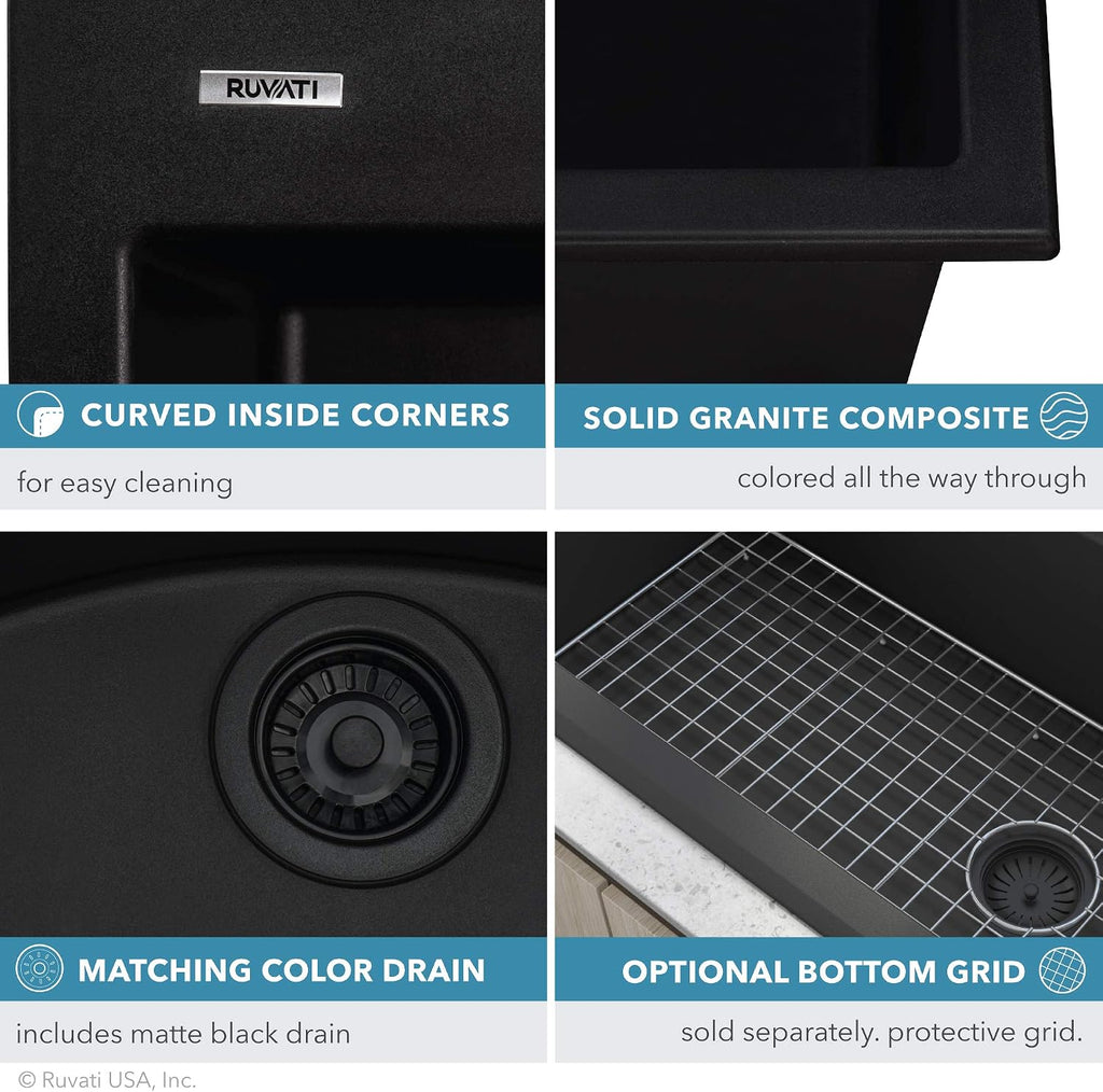 Ruvati 30 x 20 inch epiGranite Drop-in Topmount Granite Composite Quartz Single Bowl Kitchen Sink - Midnight Black - RVG1030BK