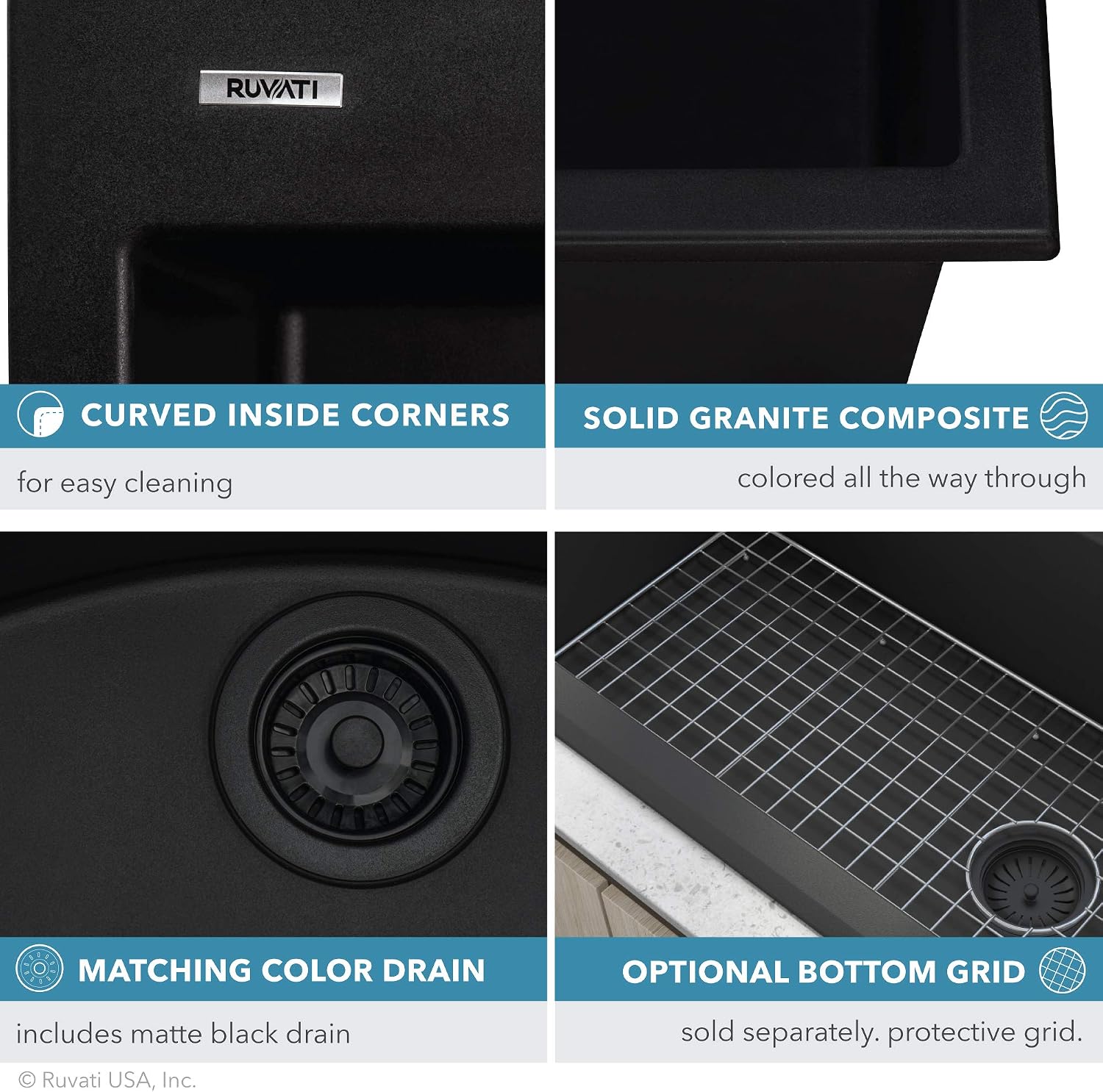 Ruvati 30 x 20 inch epiGranite Drop-in Topmount Granite Composite Quartz Single Bowl Kitchen Sink - Midnight Black - RVG1030BK