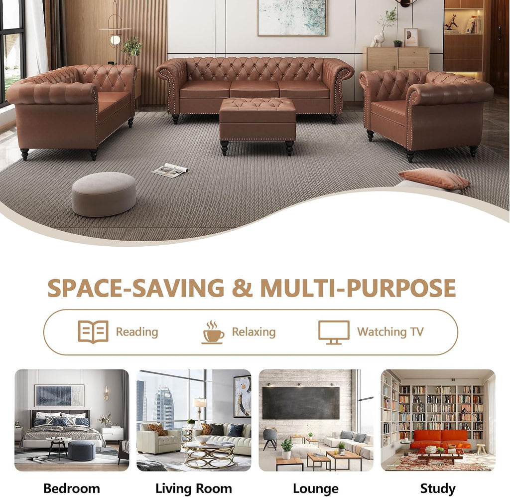 QHITTY Accent Large Sofa, Chesterfield Couch 3 Seater Modern Leather Couch Upholstered Sofa with Tufted Back for Living Room Furniture (Dark Brown)