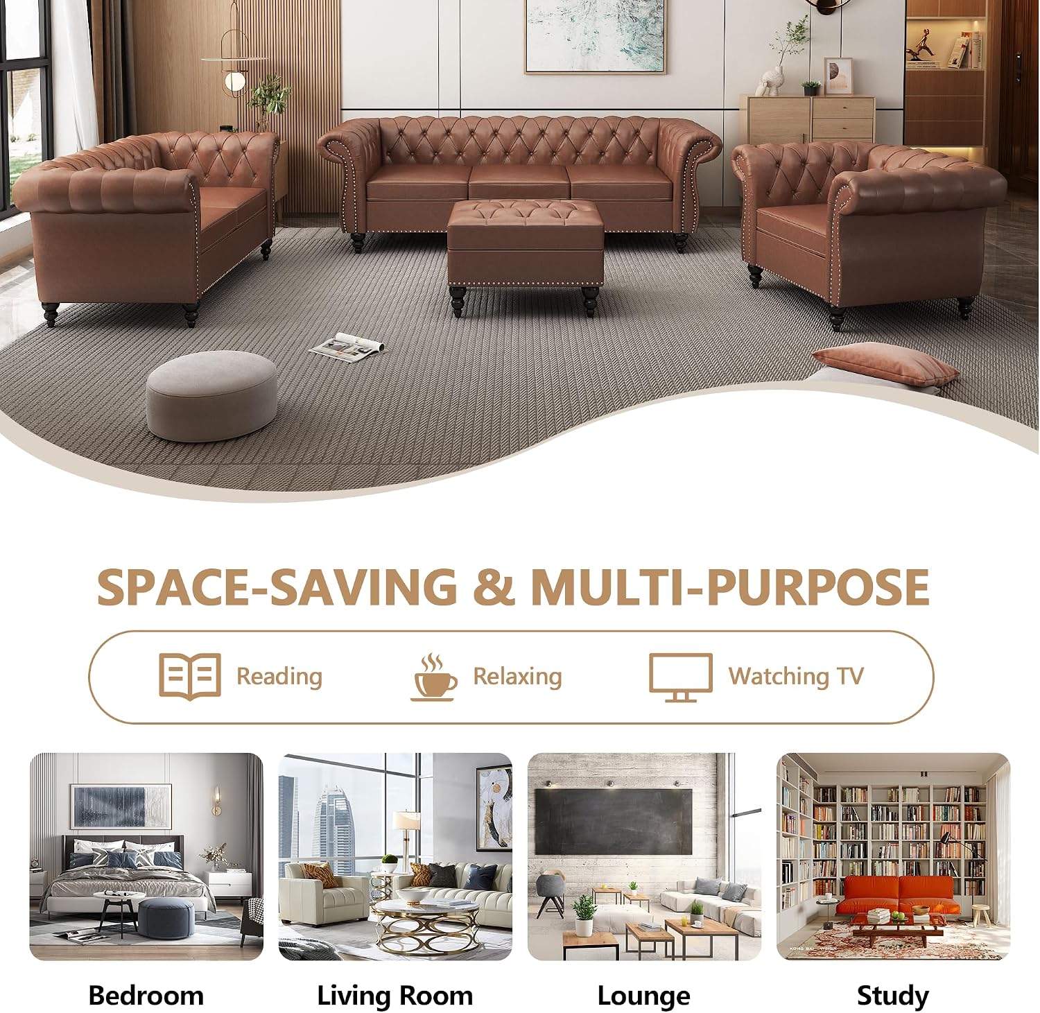 QHITTY Accent Large Sofa, Chesterfield Couch 3 Seater Modern Leather Couch Upholstered Sofa with Tufted Back for Living Room Furniture (Dark Brown)