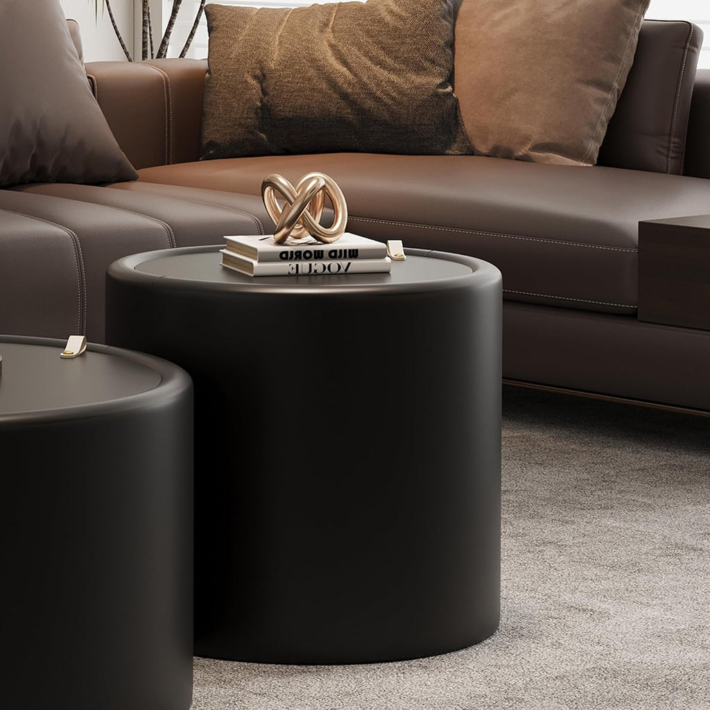 Round Living Room Table Set with Hidden Storage, 27.56' Black Drum Center Table and 19.69' Black Coffee Table Set, 2 Pieces Coffee Table Set with Tempered Glass Top and PU Leather Body